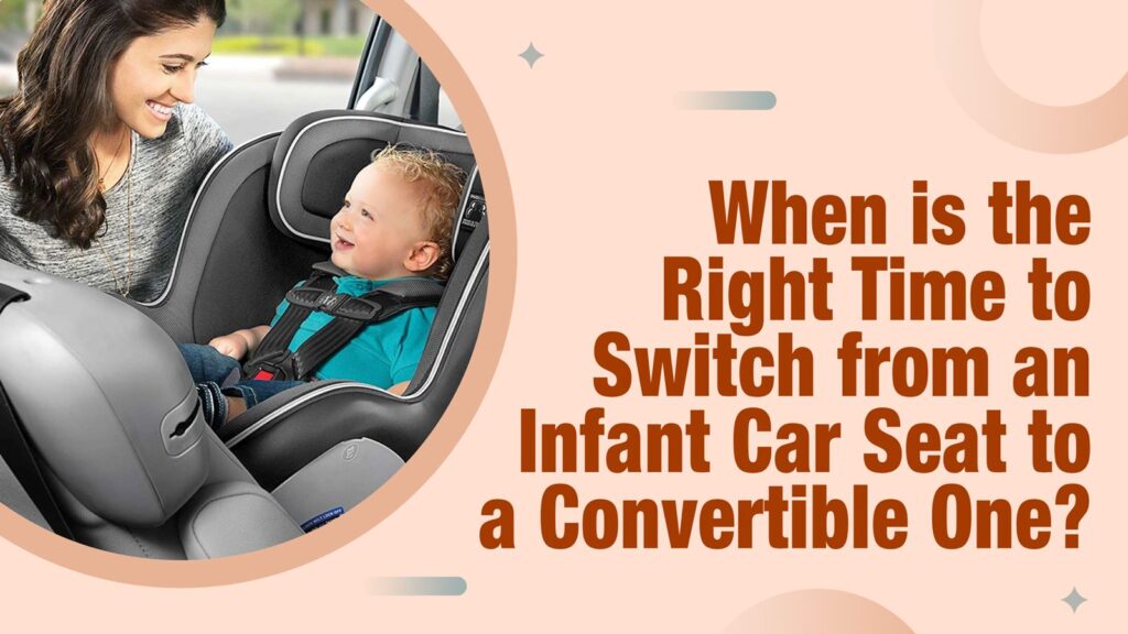 Parent securing baby in a convertible car seat after outgrowing infant seat.